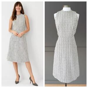 ANN TAYLOR Tweed Sleeveless Fringe A-line Midi Dress Size 4 Petite Black White